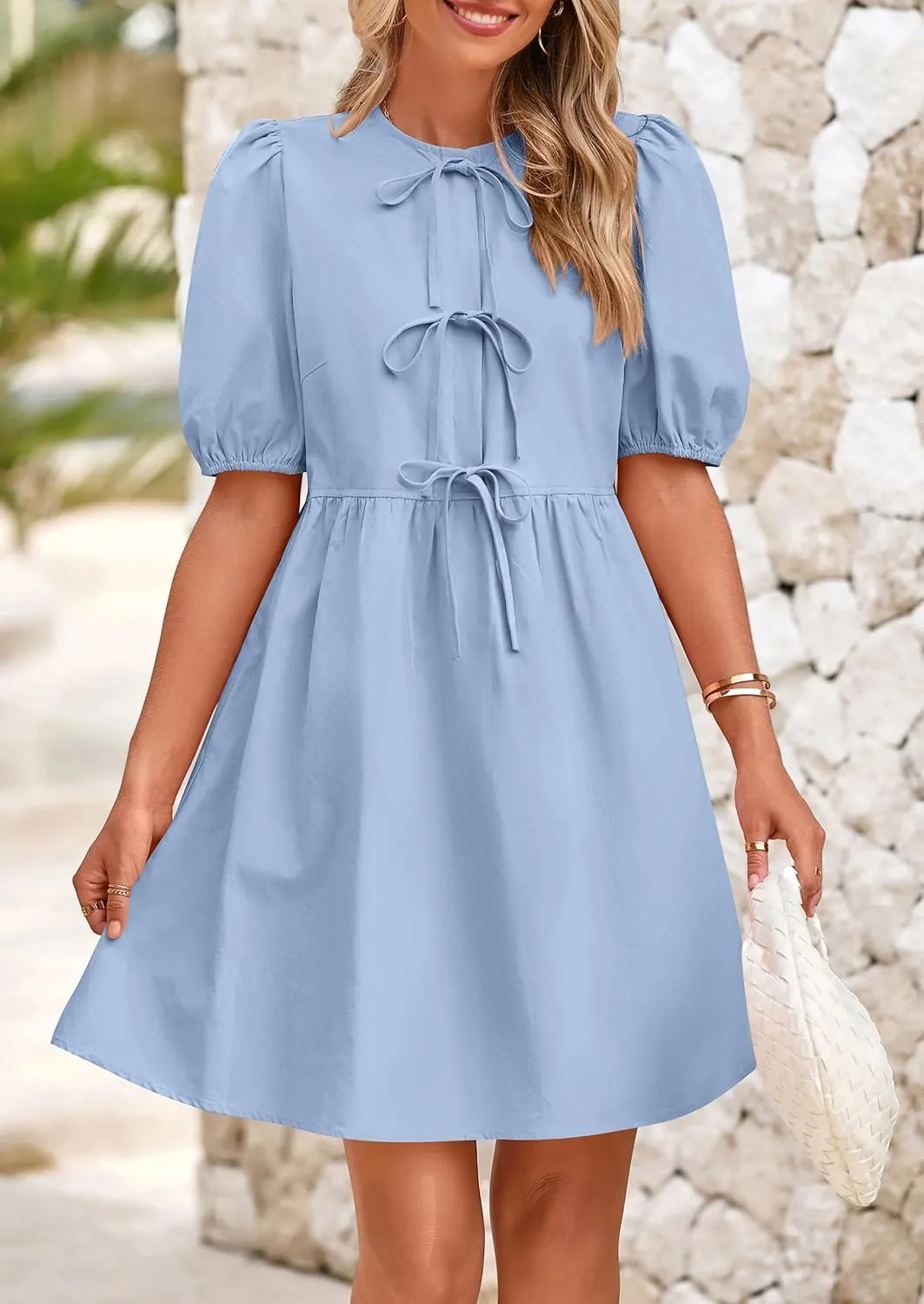 PRETTYGARDEN Womens 2025 Summer Casual Short Sleeve Dresses A Line Bow Tie Front Babydoll Loose Cute Mini Dress with Pockets
