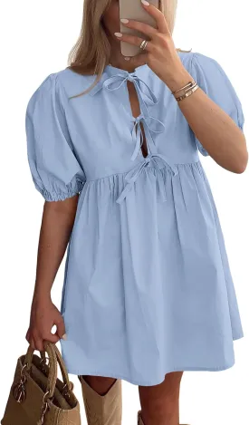 PRETTYGARDEN Womens 2025 Summer Casual Short Sleeve Dresses A Line Bow Tie Front Babydoll Loose Cute Mini Dress with Pockets