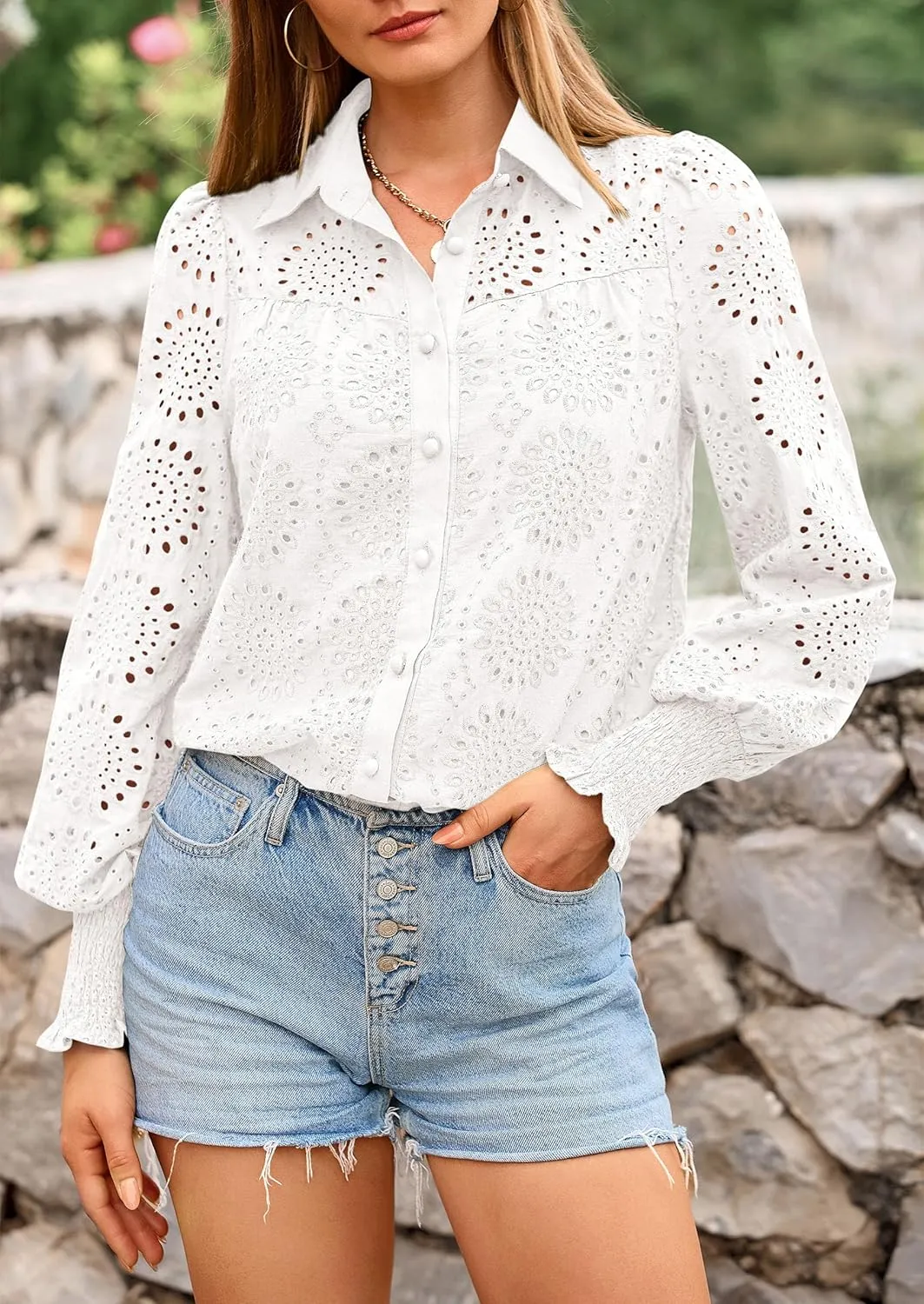 PRETTYGARDEN Women's Spring Button Down Shirts Dressy Casual Fall Long Puff Sleeve Eyelet Loose Fit Collared Blouse Top
