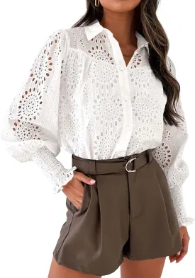 PRETTYGARDEN Women's Spring Button Down Shirts Dressy Casual Fall Long Puff Sleeve Eyelet Loose Fit Collared Blouse Top