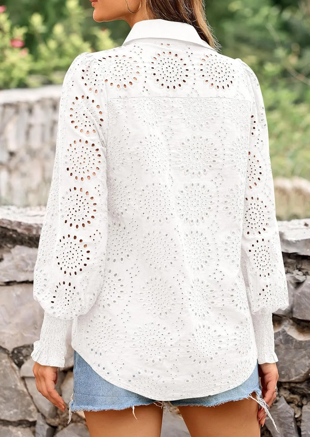PRETTYGARDEN Women's Spring Button Down Shirts Dressy Casual Fall Long Puff Sleeve Eyelet Loose Fit Collared Blouse Top