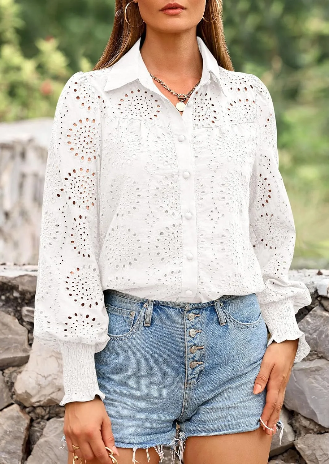 PRETTYGARDEN Women's Spring Button Down Shirts Dressy Casual Fall Long Puff Sleeve Eyelet Loose Fit Collared Blouse Top