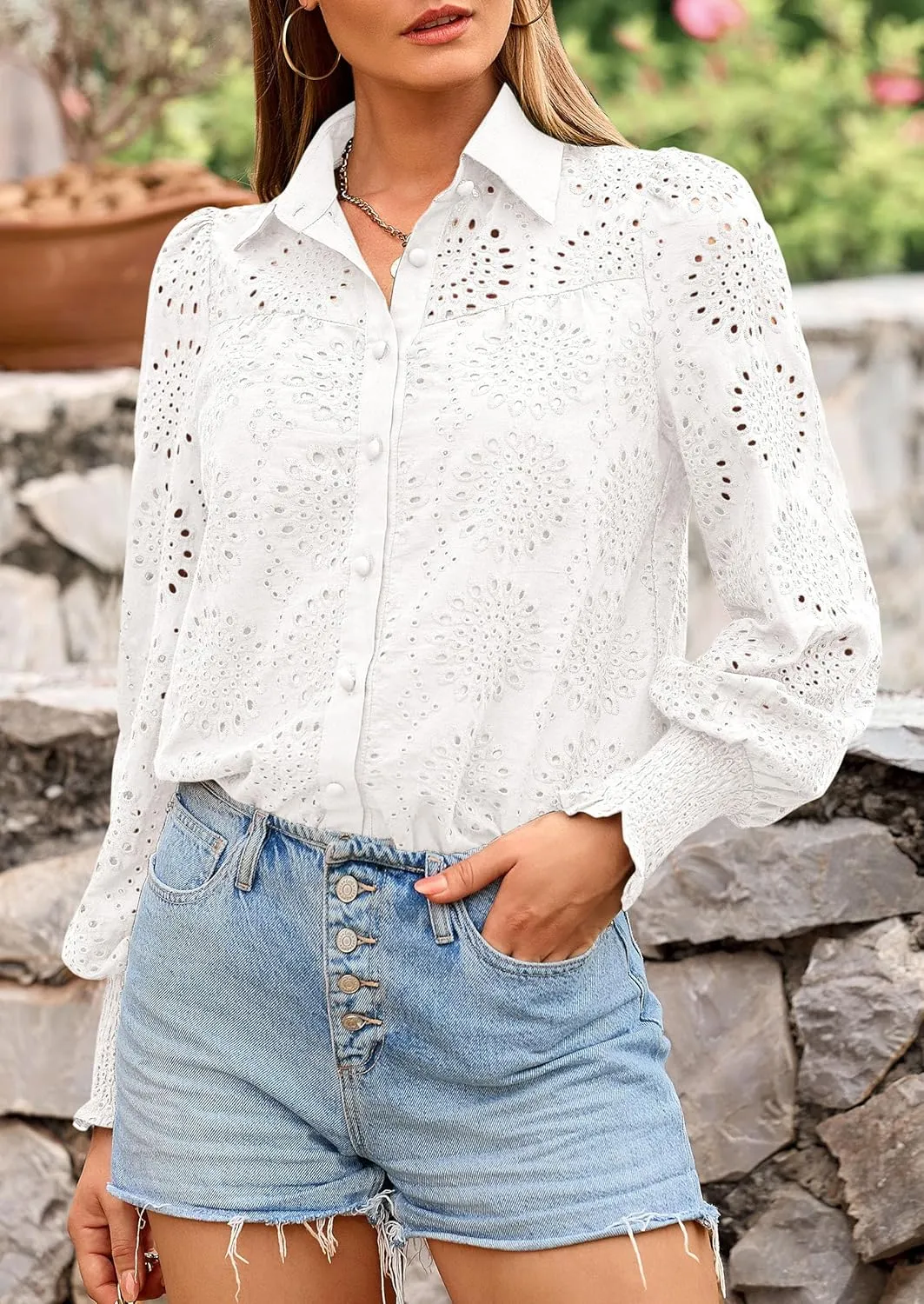 PRETTYGARDEN Women's Spring Button Down Shirts Dressy Casual Fall Long Puff Sleeve Eyelet Loose Fit Collared Blouse Top