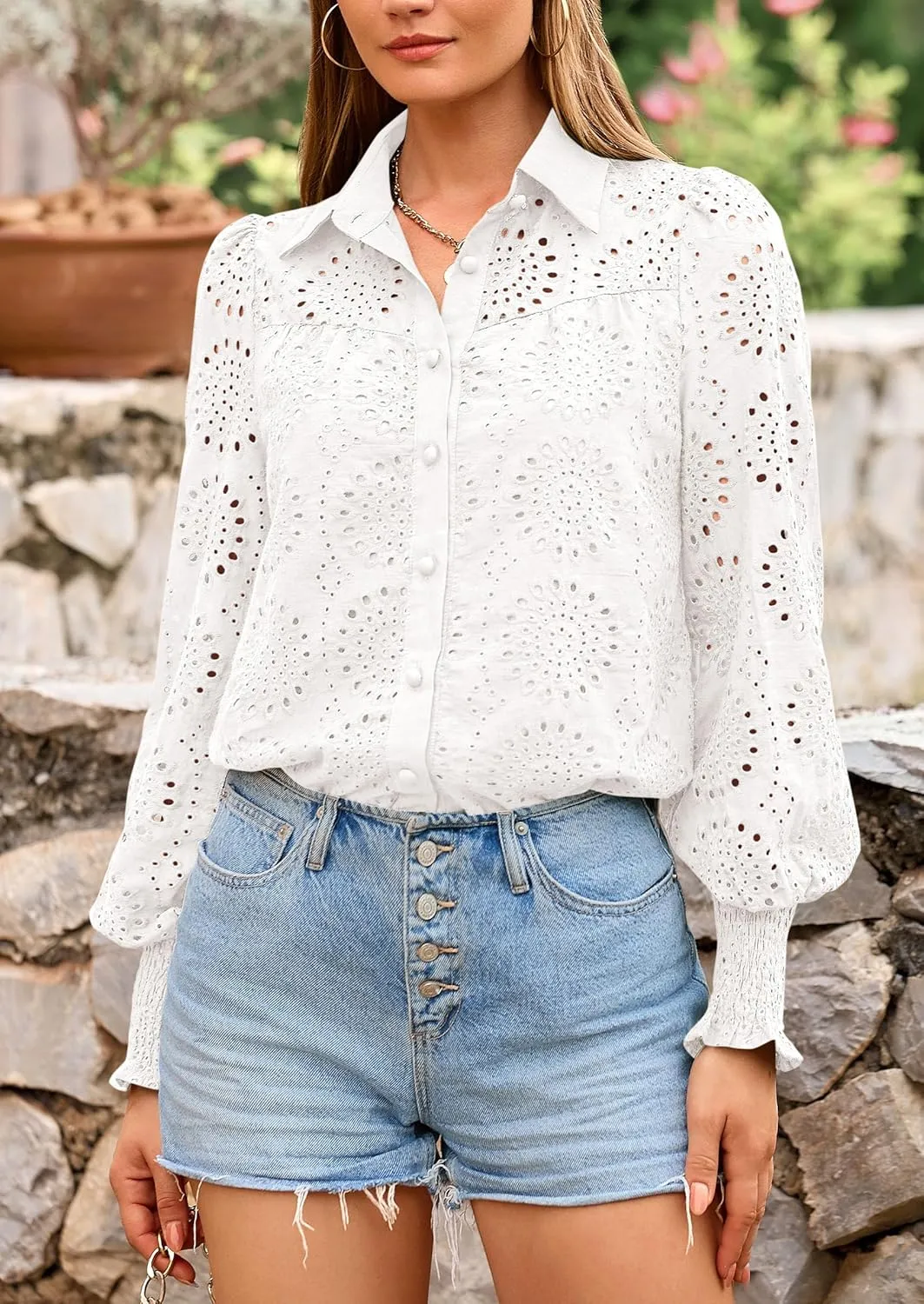PRETTYGARDEN Women's Spring Button Down Shirts Dressy Casual Fall Long Puff Sleeve Eyelet Loose Fit Collared Blouse Top