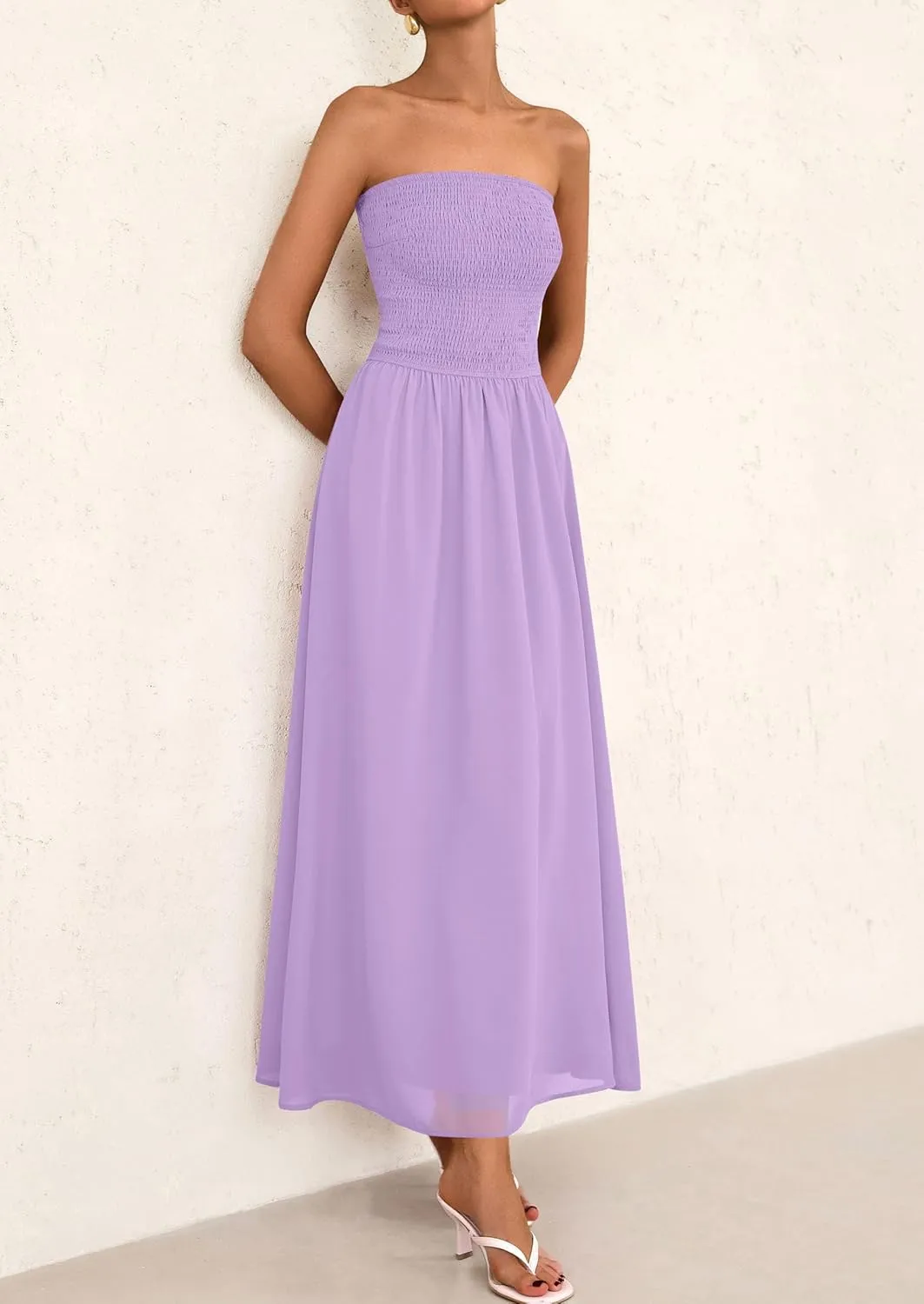 PRETTYGARDEN Women's Strapless Wedding Guest Dresses 2025 Summer Trendy Elegant Smocked Tube Top Maxi Long Flowy Sundress
