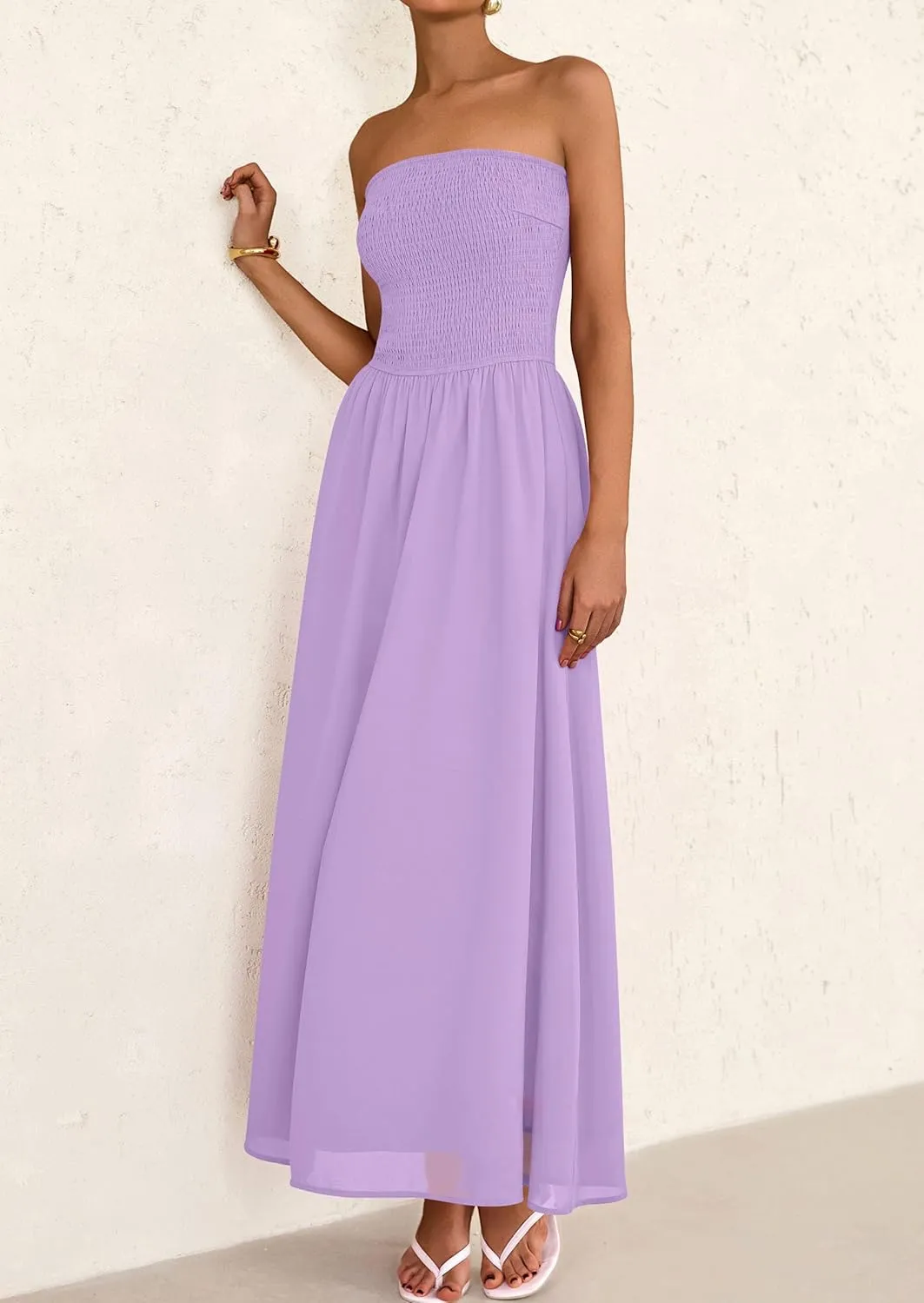 PRETTYGARDEN Women's Strapless Wedding Guest Dresses 2025 Summer Trendy Elegant Smocked Tube Top Maxi Long Flowy Sundress