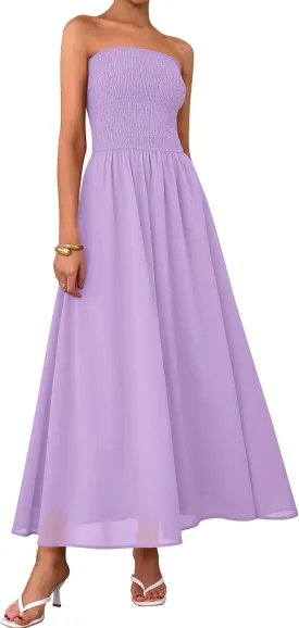 PRETTYGARDEN Women's Strapless Wedding Guest Dresses 2025 Summer Trendy Elegant Smocked Tube Top Maxi Long Flowy Sundress