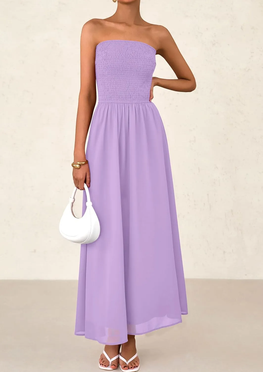 PRETTYGARDEN Women's Strapless Wedding Guest Dresses 2025 Summer Trendy Elegant Smocked Tube Top Maxi Long Flowy Sundress