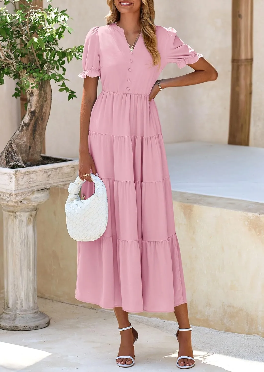 PRETTYGARDEN Women's Summer Casual Short Sleeve V Neck Midi Dresses 2025 Spring A-line Tiered Wedding Guest Dress
