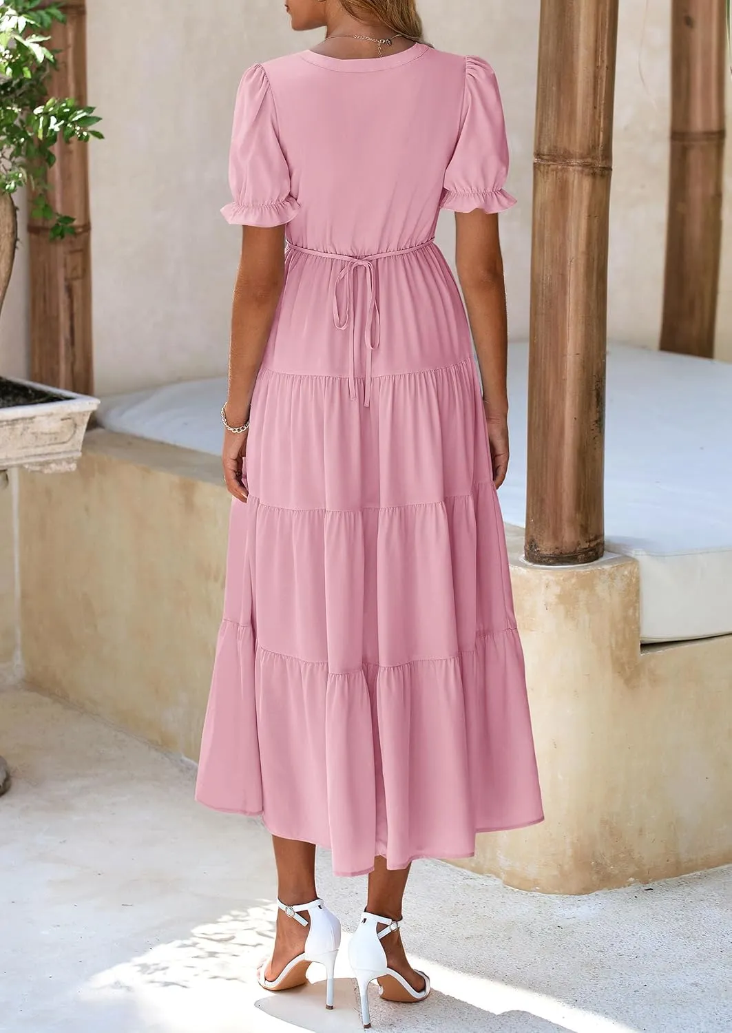 PRETTYGARDEN Women's Summer Casual Short Sleeve V Neck Midi Dresses 2025 Spring A-line Tiered Wedding Guest Dress