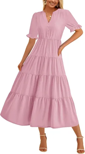 PRETTYGARDEN Women's Summer Casual Short Sleeve V Neck Midi Dresses 2025 Spring A-line Tiered Wedding Guest Dress