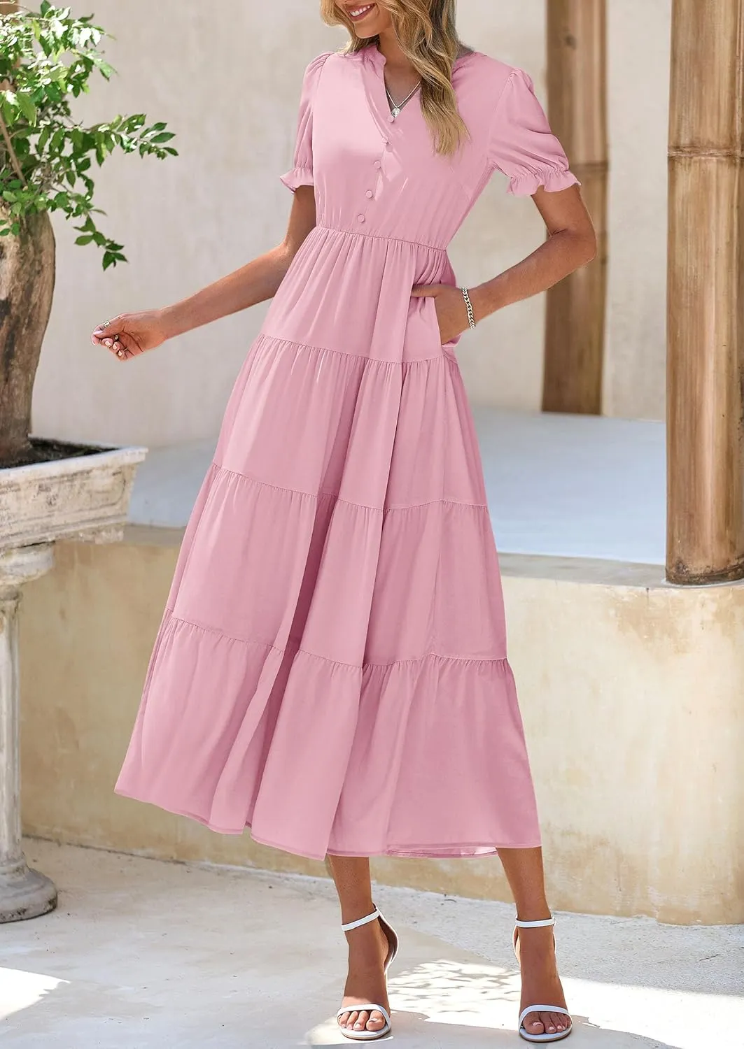 PRETTYGARDEN Women's Summer Casual Short Sleeve V Neck Midi Dresses 2025 Spring A-line Tiered Wedding Guest Dress