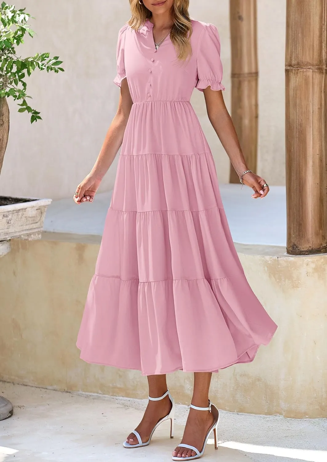 PRETTYGARDEN Women's Summer Casual Short Sleeve V Neck Midi Dresses 2025 Spring A-line Tiered Wedding Guest Dress