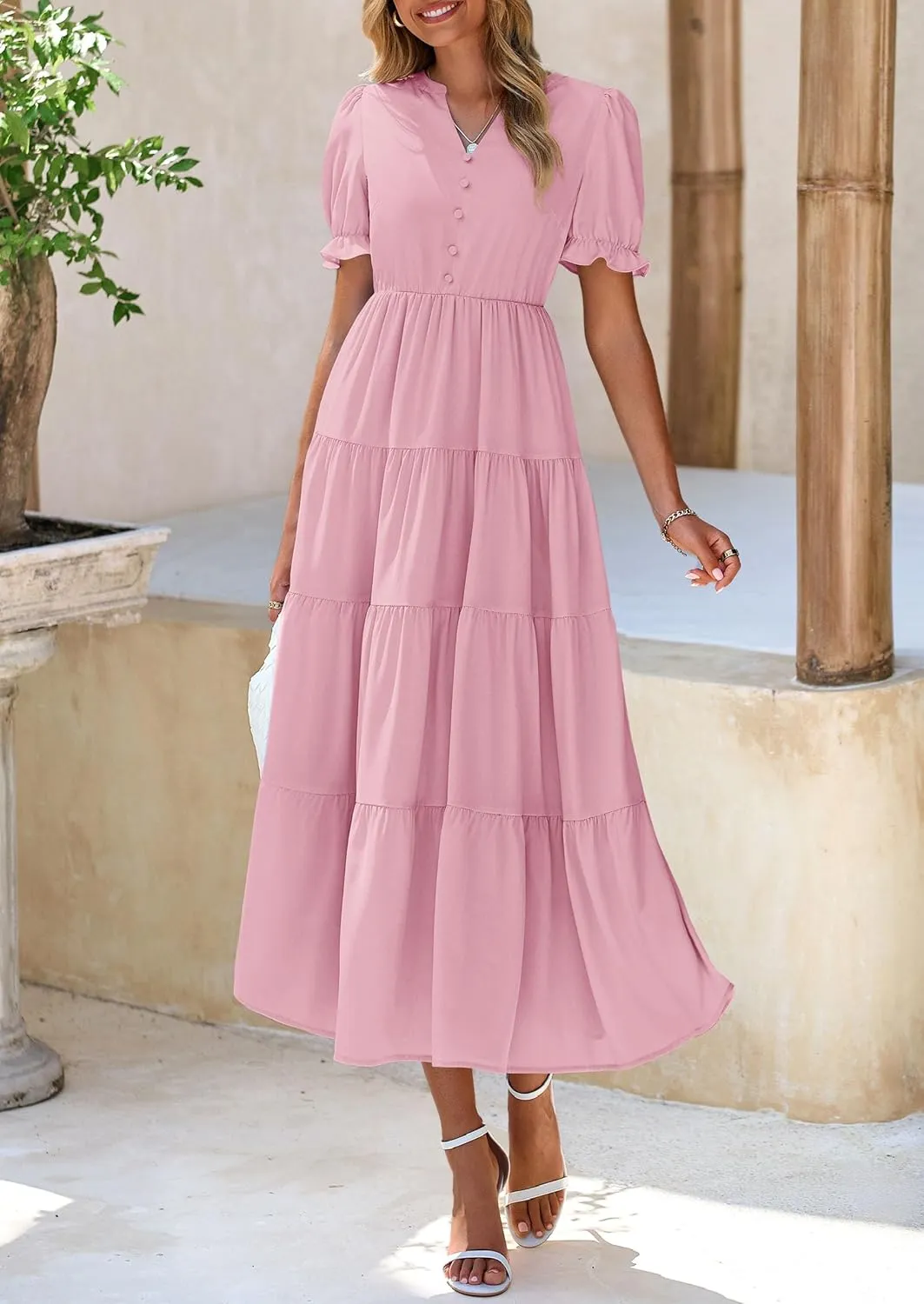 PRETTYGARDEN Women's Summer Casual Short Sleeve V Neck Midi Dresses 2025 Spring A-line Tiered Wedding Guest Dress