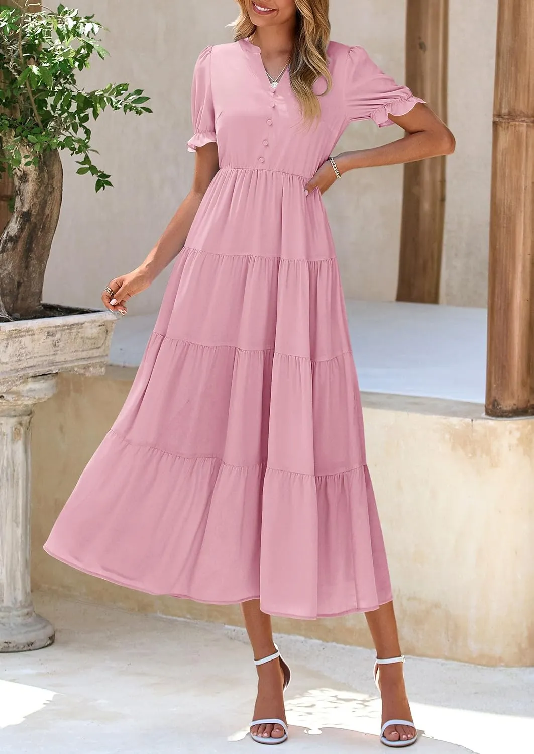 PRETTYGARDEN Women's Summer Casual Short Sleeve V Neck Midi Dresses 2025 Spring A-line Tiered Wedding Guest Dress