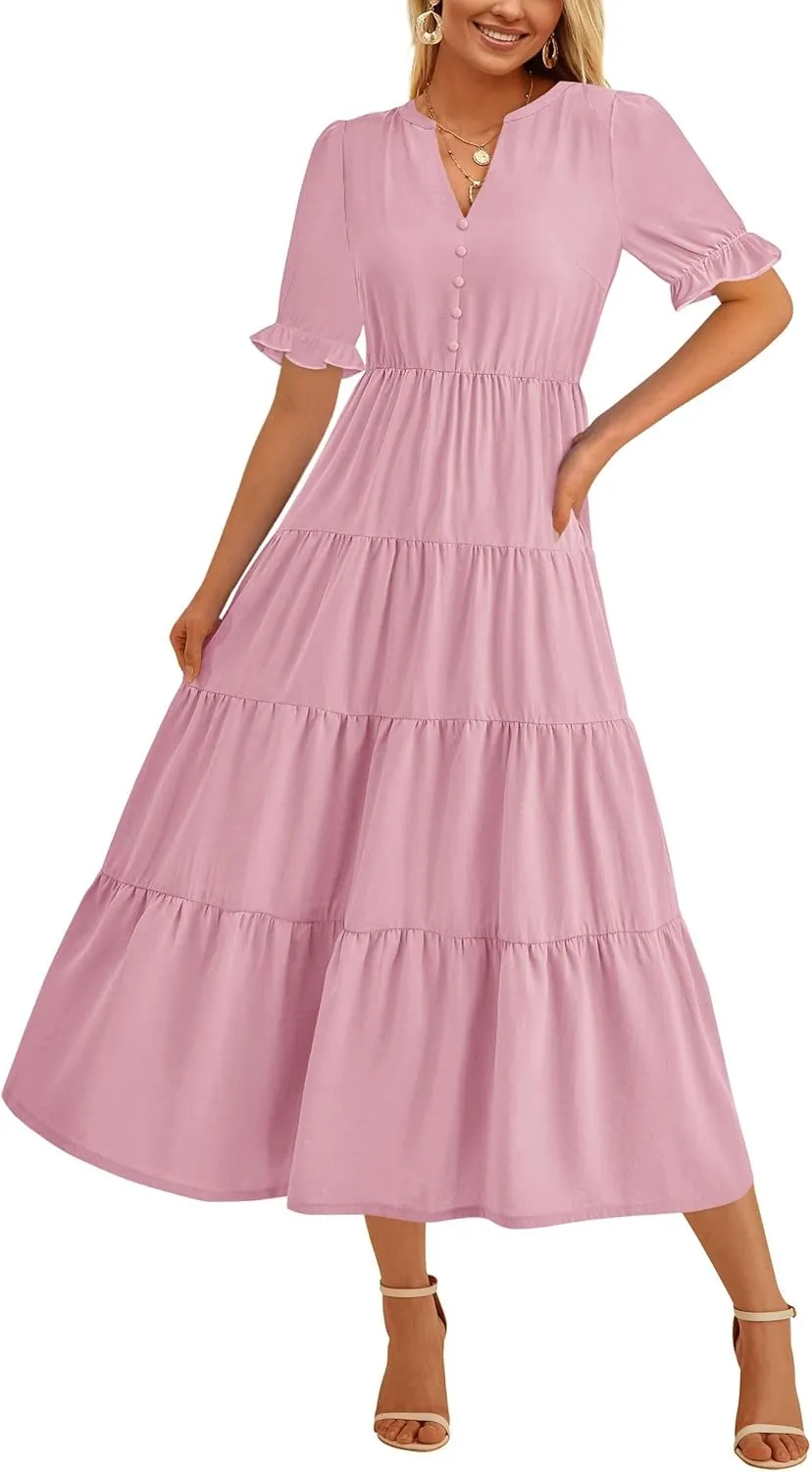 PRETTYGARDEN Women's Summer Casual Short Sleeve V Neck Midi Dresses 2025 Spring A-line Tiered Wedding Guest Dress
