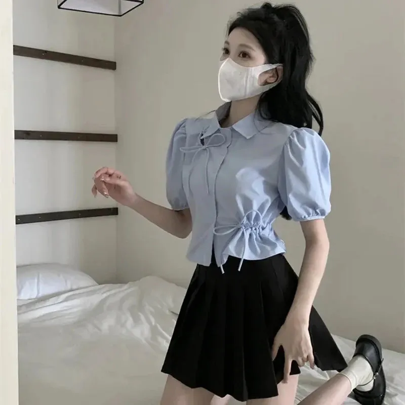 Puff Sleeve Blue Shirt Women Summer Chic Hollow Solid All Match Ladies Blouse Korean Fashion Elegant Bow Short Top Female