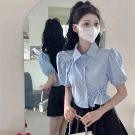 Puff Sleeve Blue Shirt Women Summer Chic Hollow Solid All Match Ladies Blouse Korean Fashion Elegant Bow Short Top Female