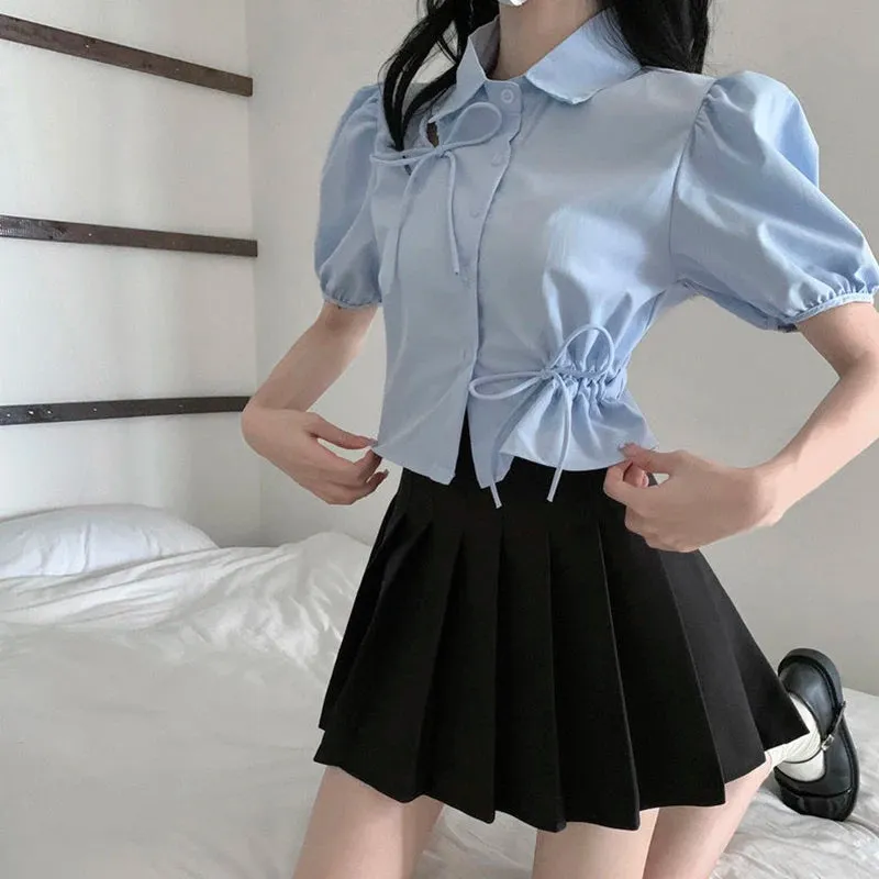 Puff Sleeve Blue Shirt Women Summer Chic Hollow Solid All Match Ladies Blouse Korean Fashion Elegant Bow Short Top Female