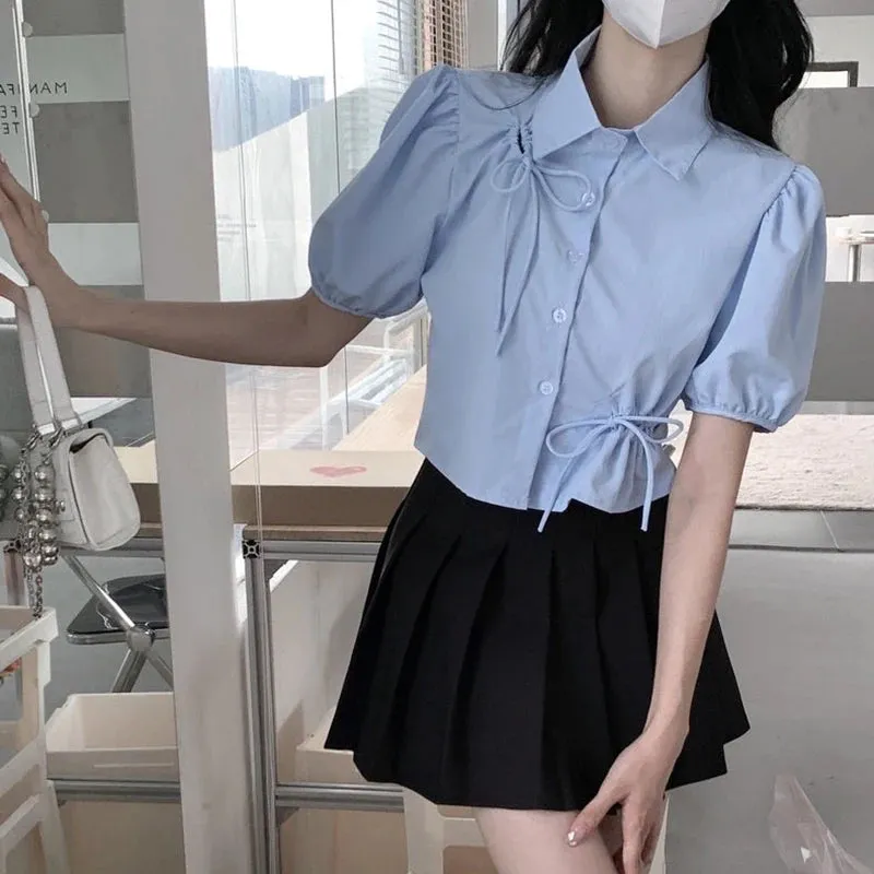 Puff Sleeve Blue Shirt Women Summer Chic Hollow Solid All Match Ladies Blouse Korean Fashion Elegant Bow Short Top Female