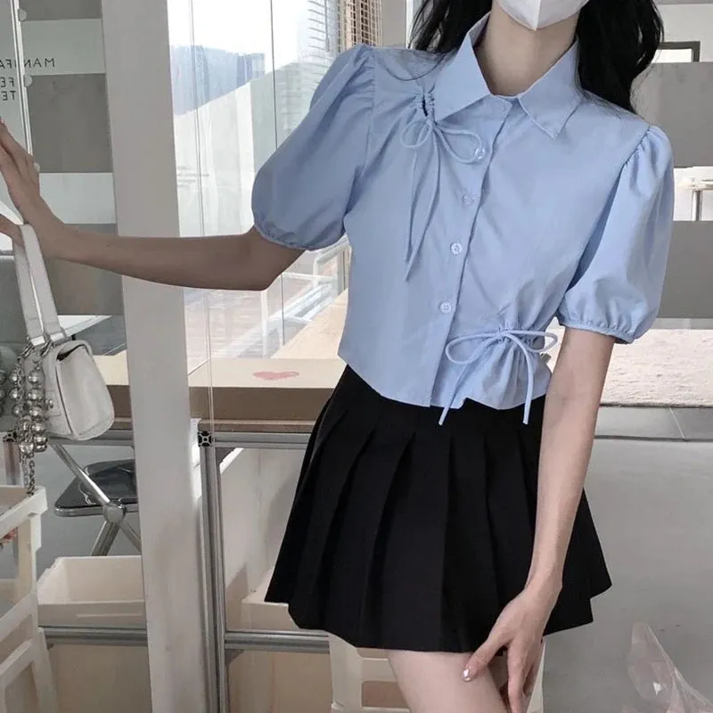 Puff Sleeve Blue Shirt Women Summer Chic Hollow Solid All Match Ladies Blouse Korean Fashion Elegant Bow Short Top Female