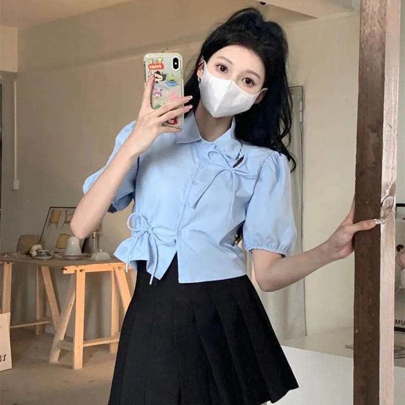 Puff Sleeve Blue Shirt Women Summer Chic Hollow Solid All Match Ladies Blouse Korean Fashion Elegant Bow Short Top Female