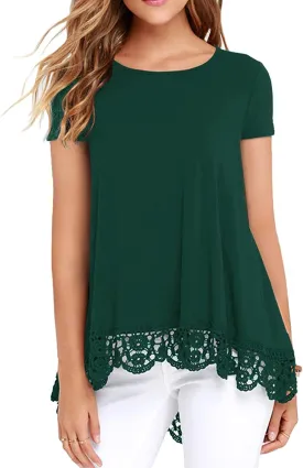 QIXING Women Tops Lace Trim O Neck A Line Tunic Blouse