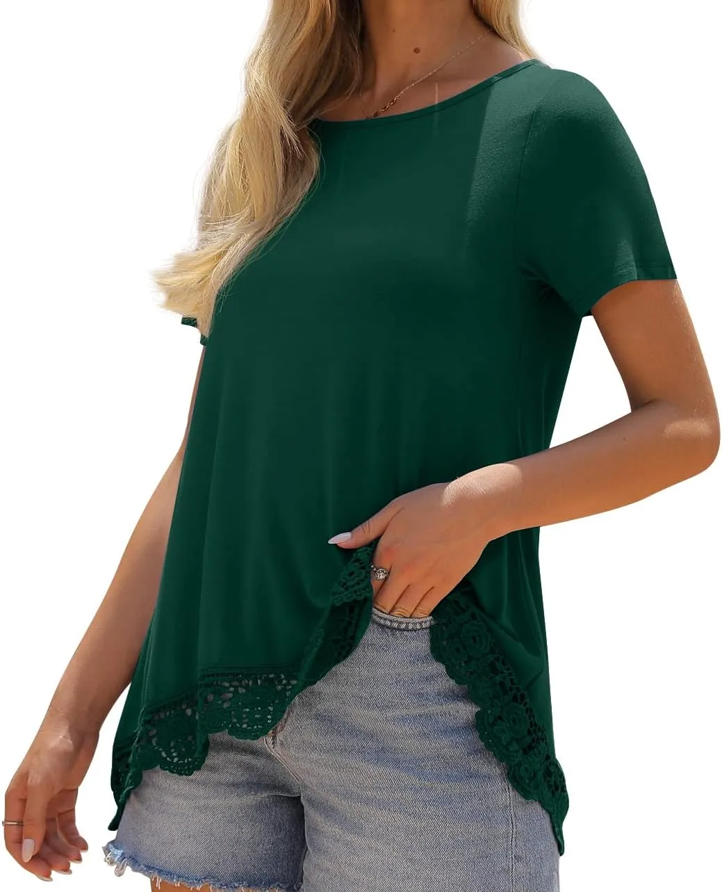 QIXING Women Tops Lace Trim O Neck A Line Tunic Blouse