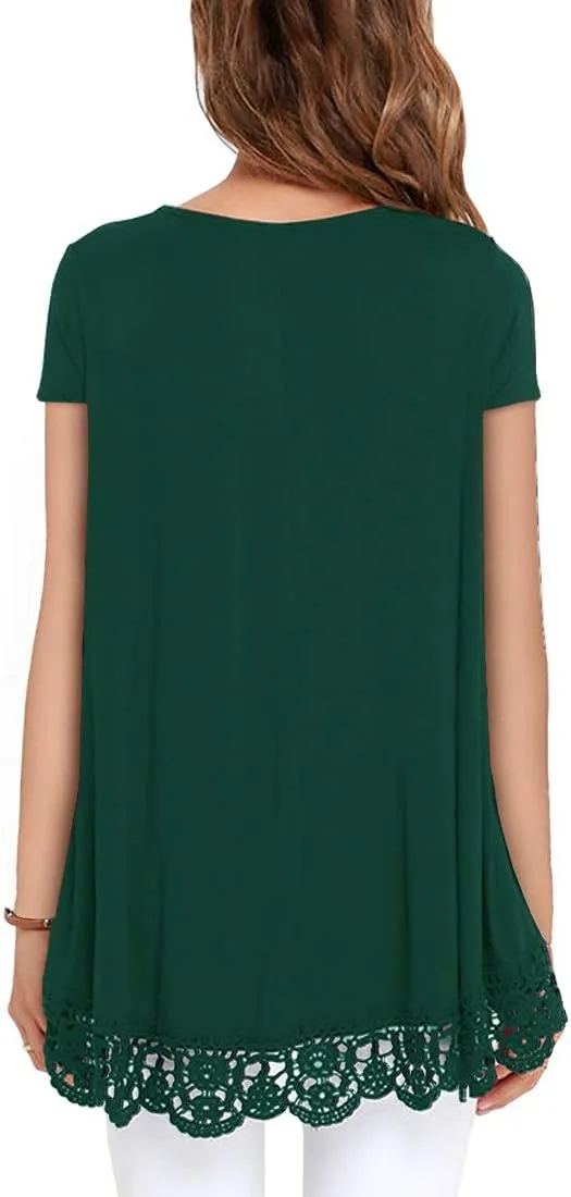 QIXING Women Tops Lace Trim O Neck A Line Tunic Blouse