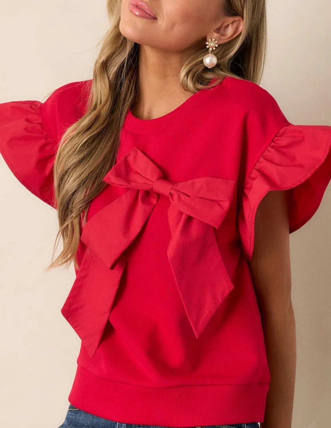 Ruffle Sleeve Bow Top for Women Short Sleeve Shirt Blouse Tops Round Neck Tunic Shirts