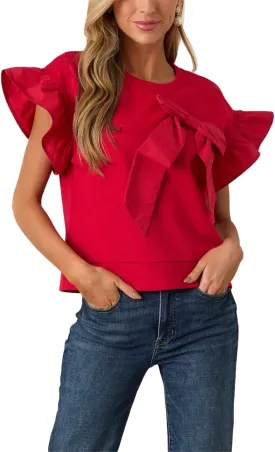 Ruffle Sleeve Bow Top for Women Short Sleeve Shirt Blouse Tops Round Neck Tunic Shirts