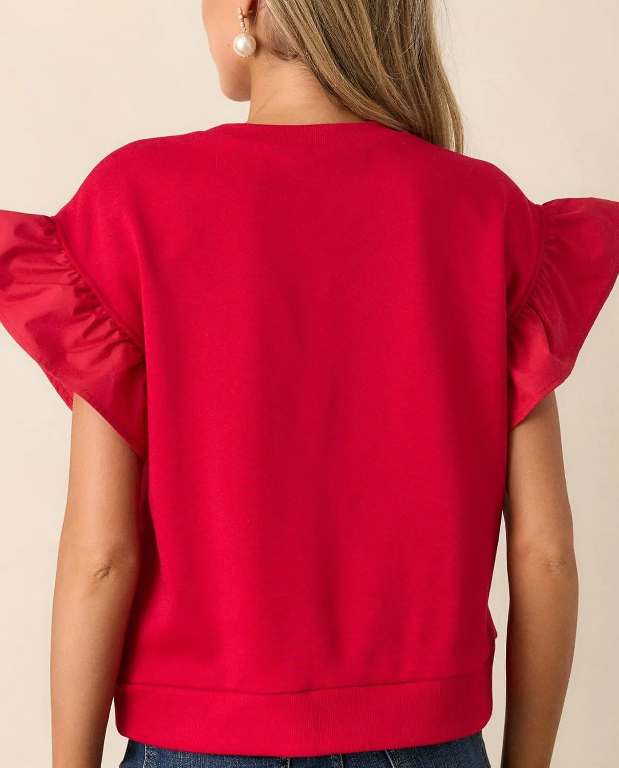 Ruffle Sleeve Bow Top for Women Short Sleeve Shirt Blouse Tops Round Neck Tunic Shirts