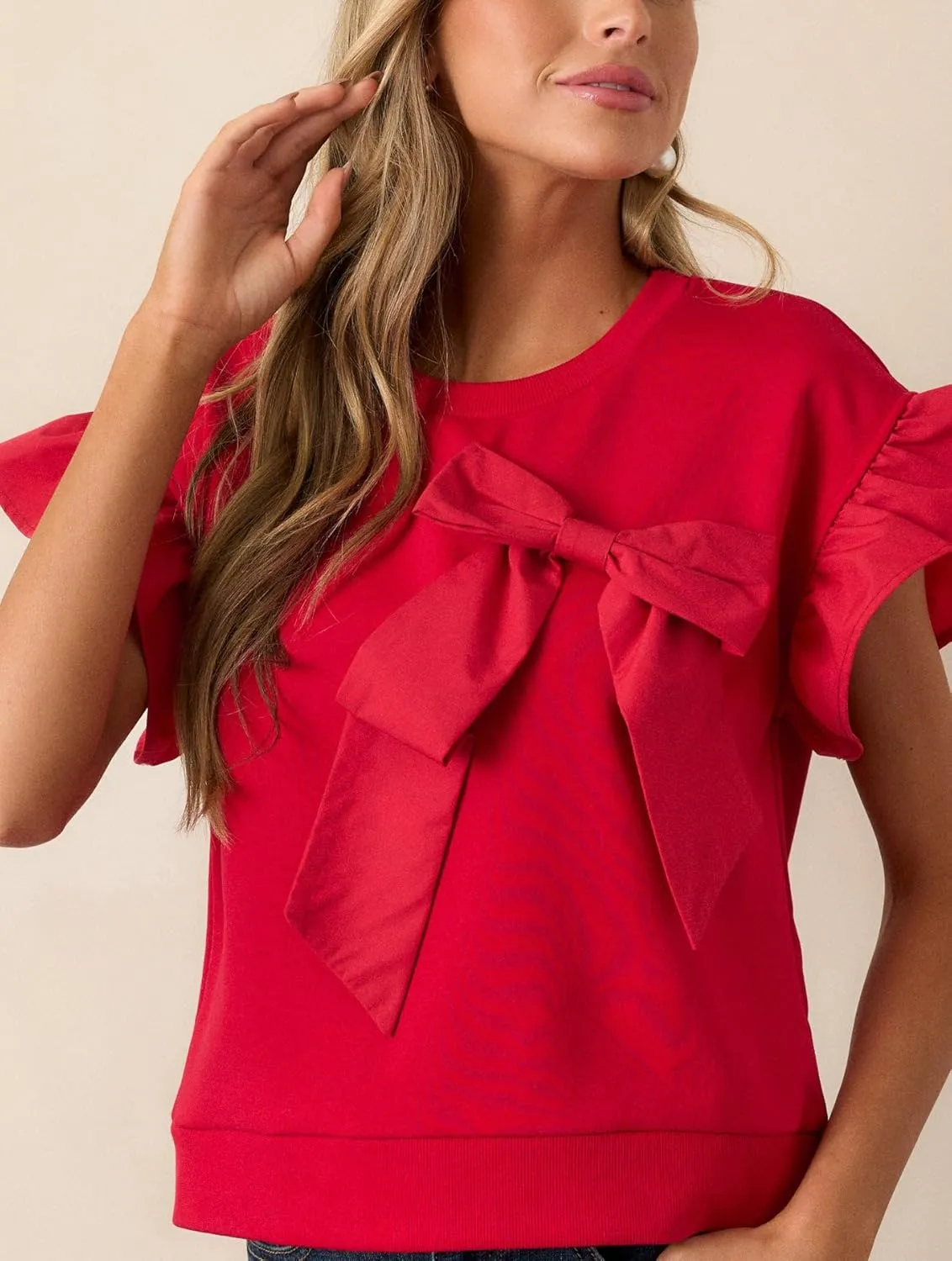 Ruffle Sleeve Bow Top for Women Short Sleeve Shirt Blouse Tops Round Neck Tunic Shirts
