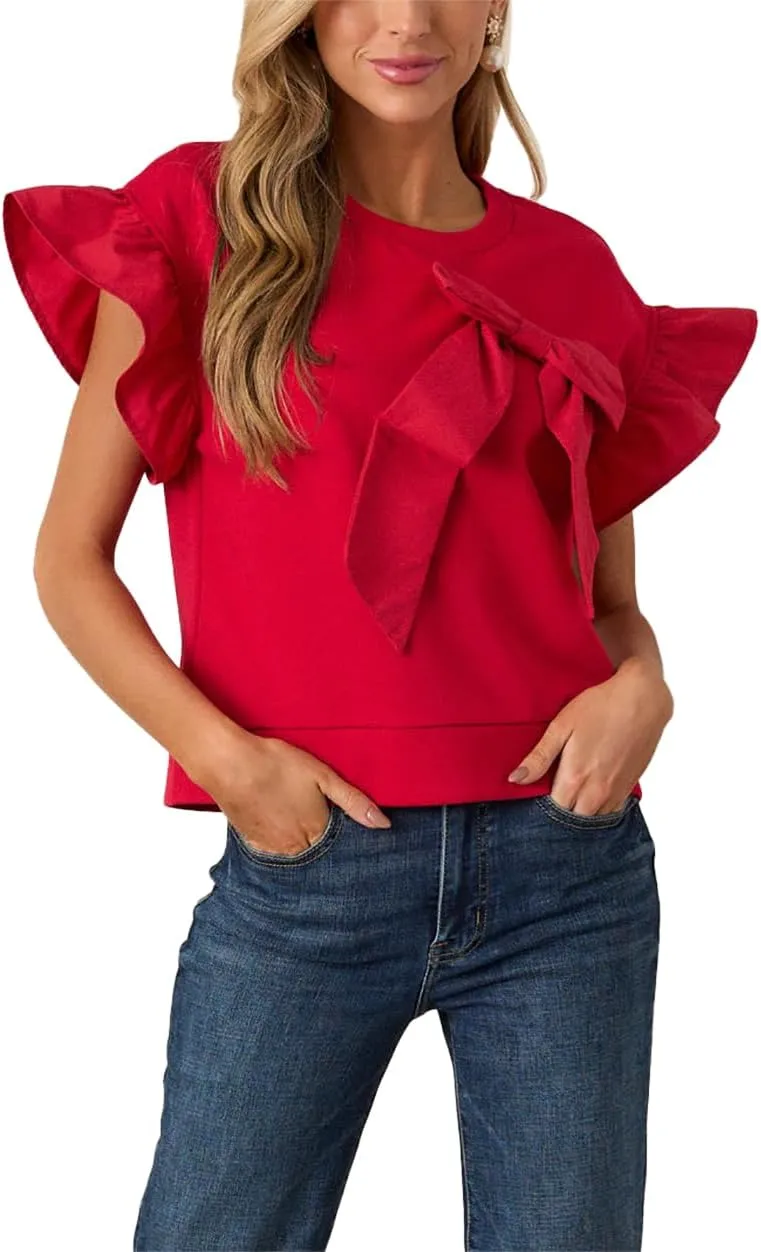 Ruffle Sleeve Bow Top for Women Short Sleeve Shirt Blouse Tops Round Neck Tunic Shirts
