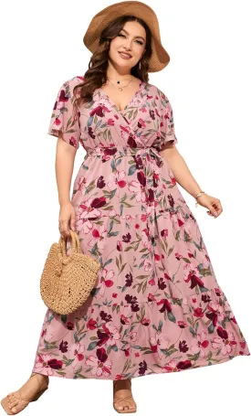 ShopWonder Womens Plus Size V Neck Wrap Maxi Dress High Waist Ruffle Summer Casual Dress with Belt