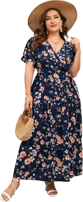 ShopWonder Womens Plus Size V Neck Wrap Maxi Dress High Waist Ruffle Summer Casual Dress with Belt