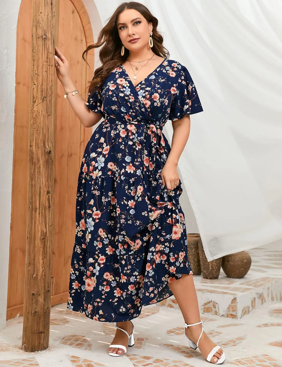 ShopWonder Womens Plus Size V Neck Wrap Maxi Dress High Waist Ruffle Summer Casual Dress with Belt