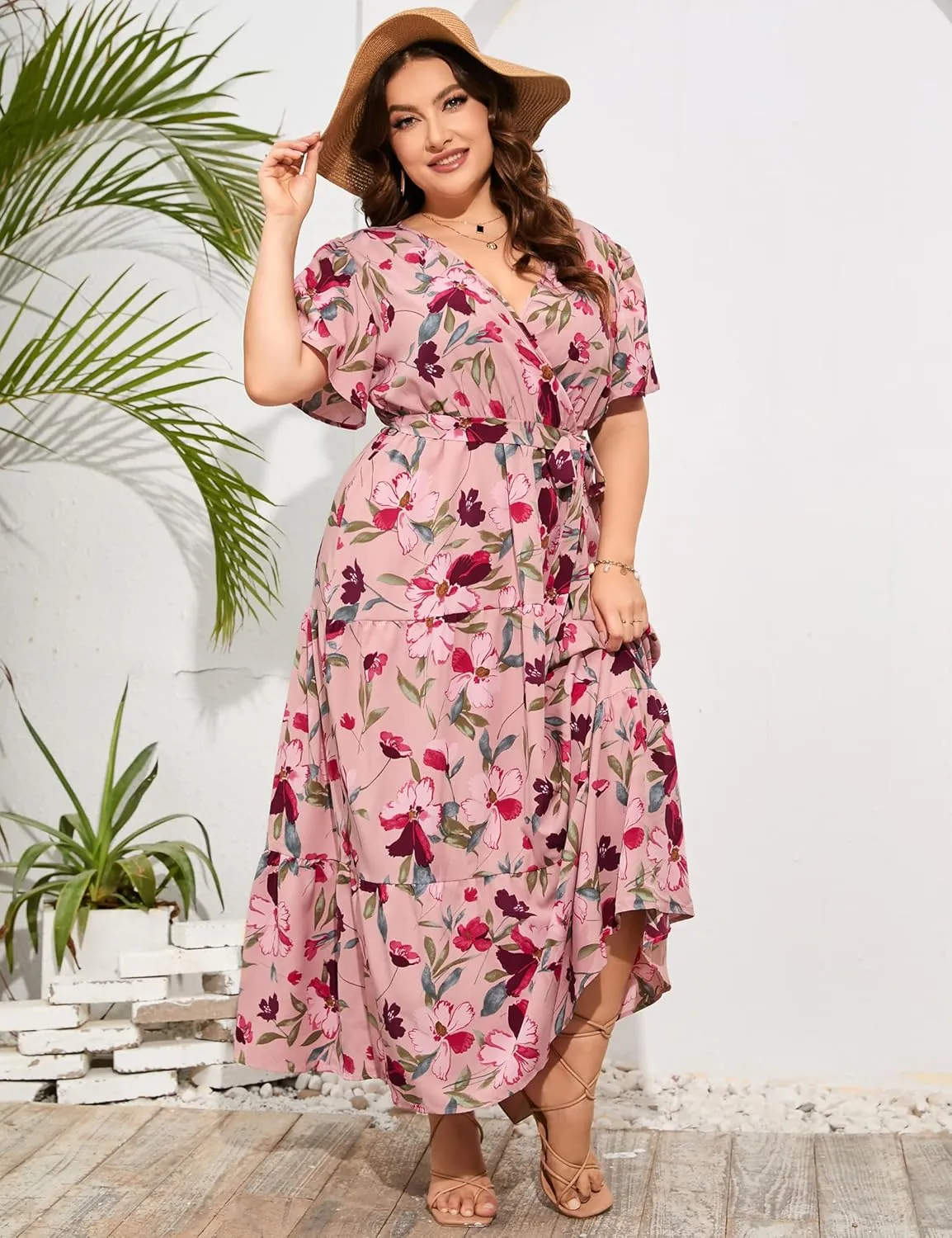 ShopWonder Womens Plus Size V Neck Wrap Maxi Dress High Waist Ruffle Summer Casual Dress with Belt