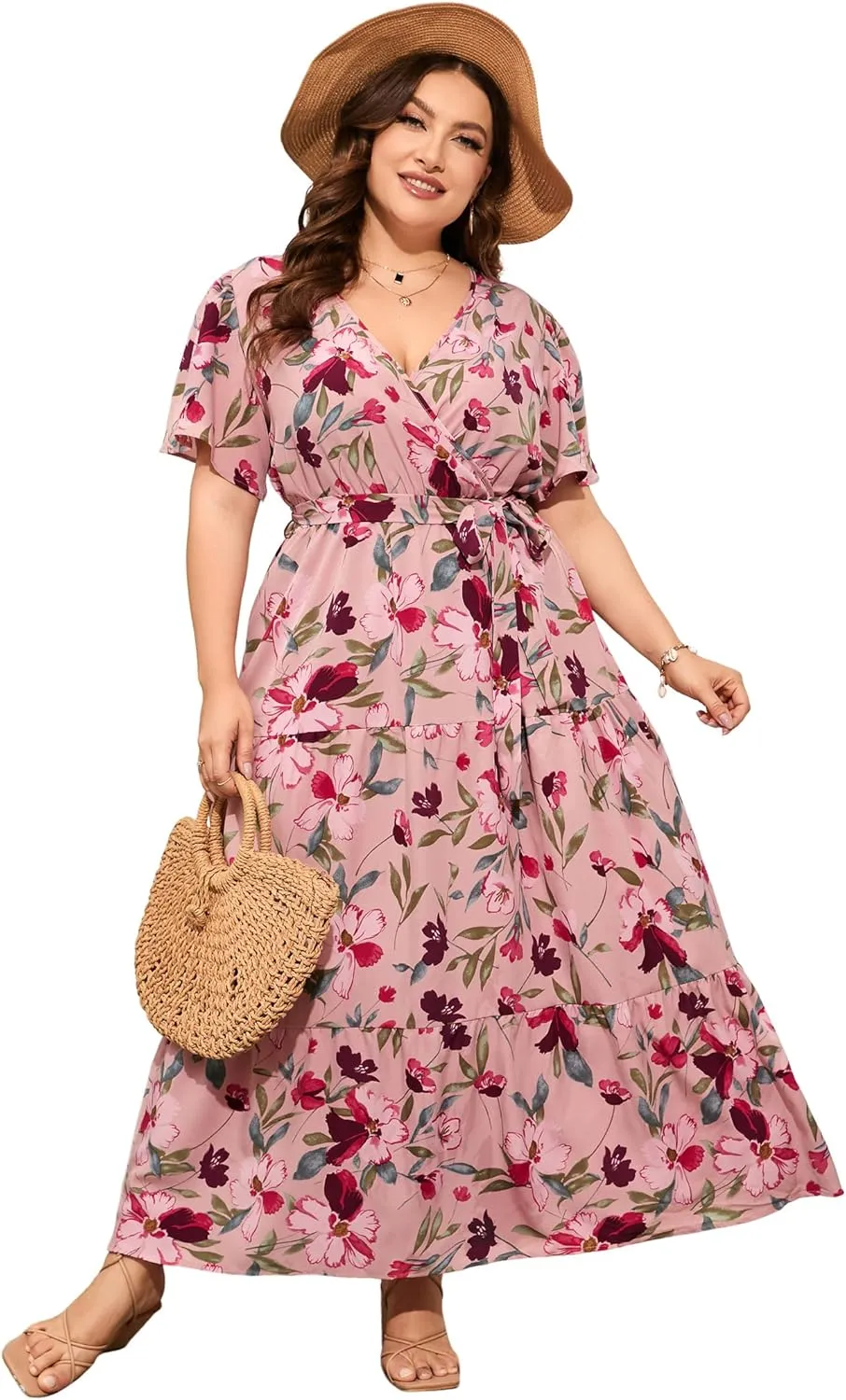 ShopWonder Womens Plus Size V Neck Wrap Maxi Dress High Waist Ruffle Summer Casual Dress with Belt
