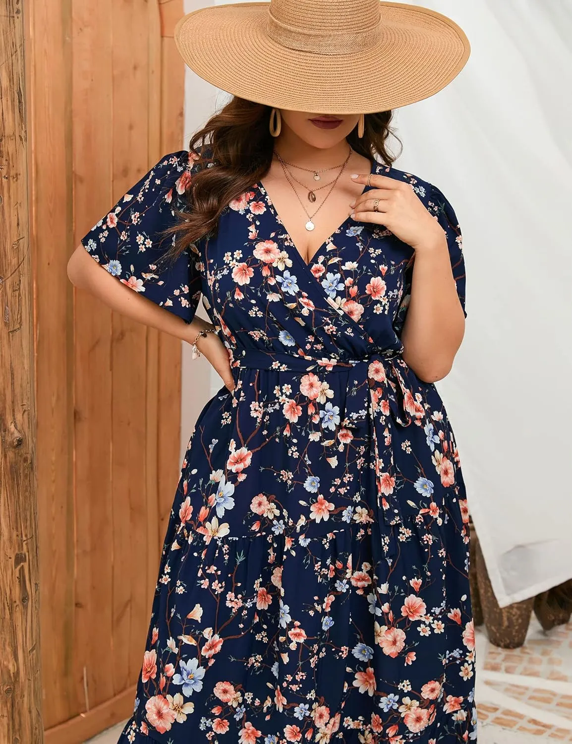 ShopWonder Womens Plus Size V Neck Wrap Maxi Dress High Waist Ruffle Summer Casual Dress with Belt