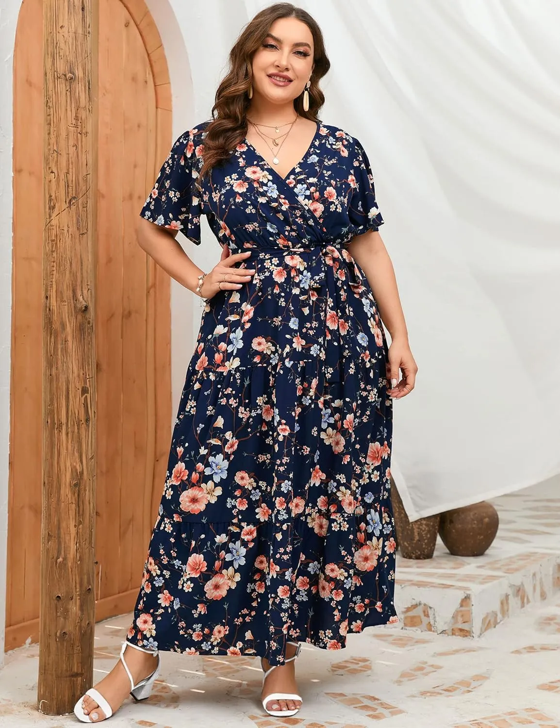 ShopWonder Womens Plus Size V Neck Wrap Maxi Dress High Waist Ruffle Summer Casual Dress with Belt