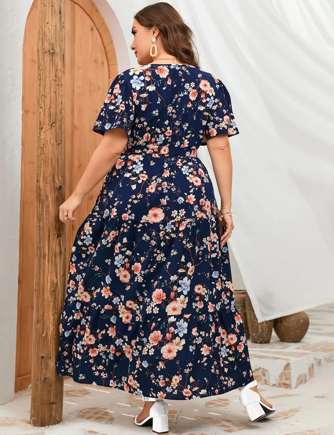 ShopWonder Womens Plus Size V Neck Wrap Maxi Dress High Waist Ruffle Summer Casual Dress with Belt