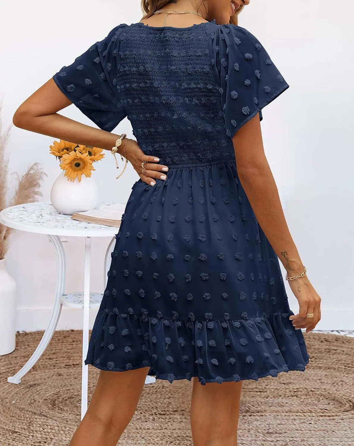 TECREW Womens Smocked Short Sleeve V Neck Mini Dress Summer Swiss Dot Flowy Short Dress