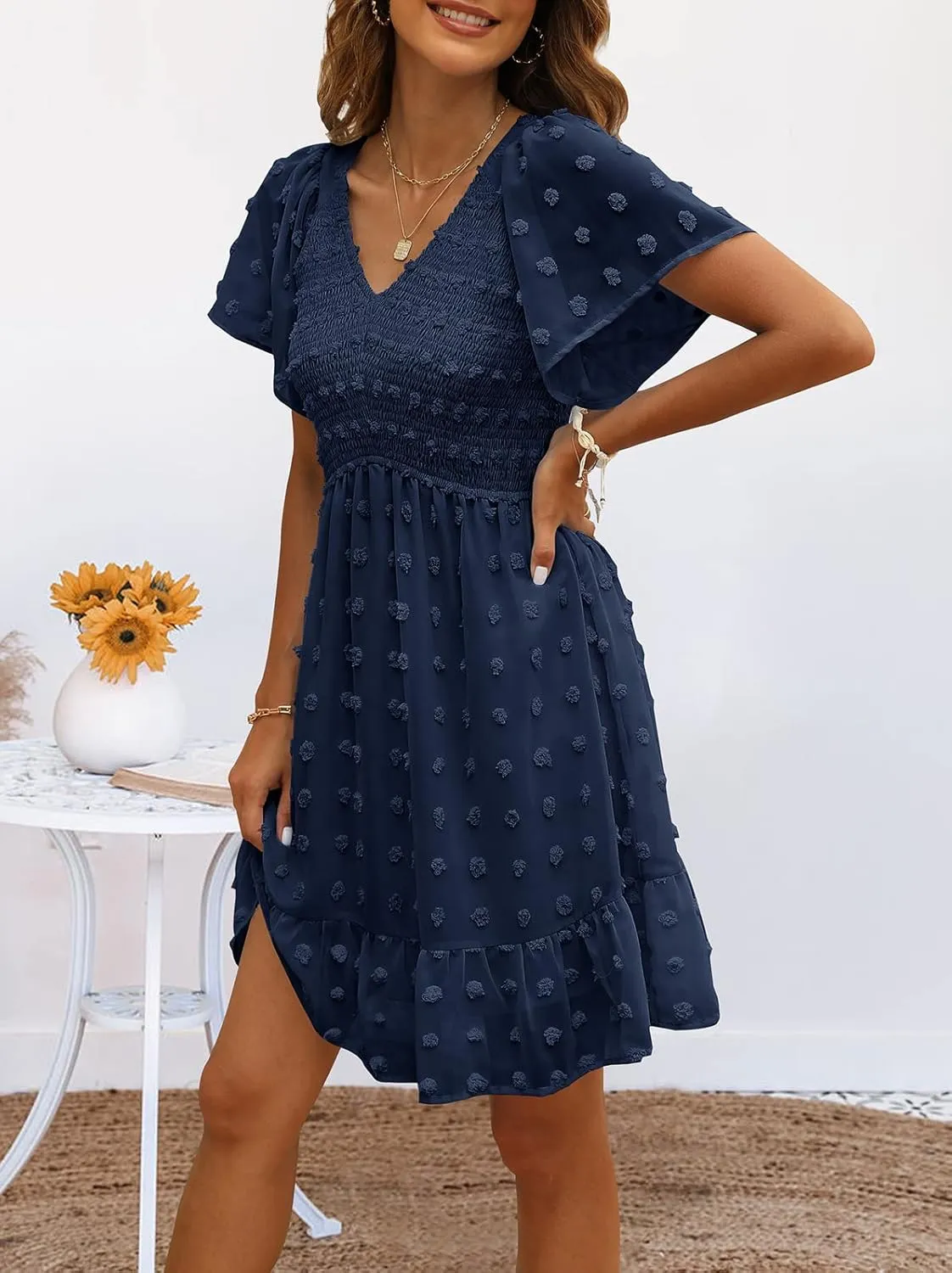 TECREW Womens Smocked Short Sleeve V Neck Mini Dress Summer Swiss Dot Flowy Short Dress