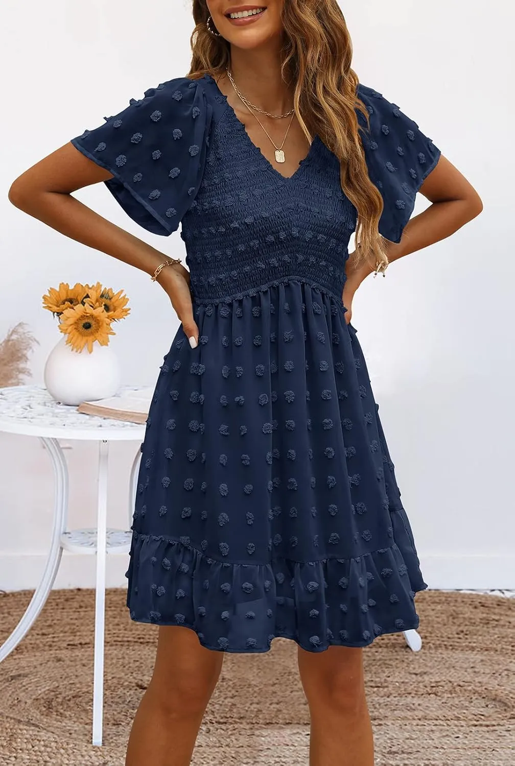 TECREW Womens Smocked Short Sleeve V Neck Mini Dress Summer Swiss Dot Flowy Short Dress