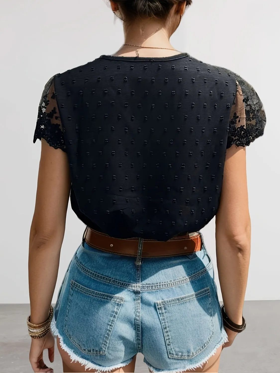 TEEK - Swiss Dot Lace V-Neck Cap Sleeve Blouse