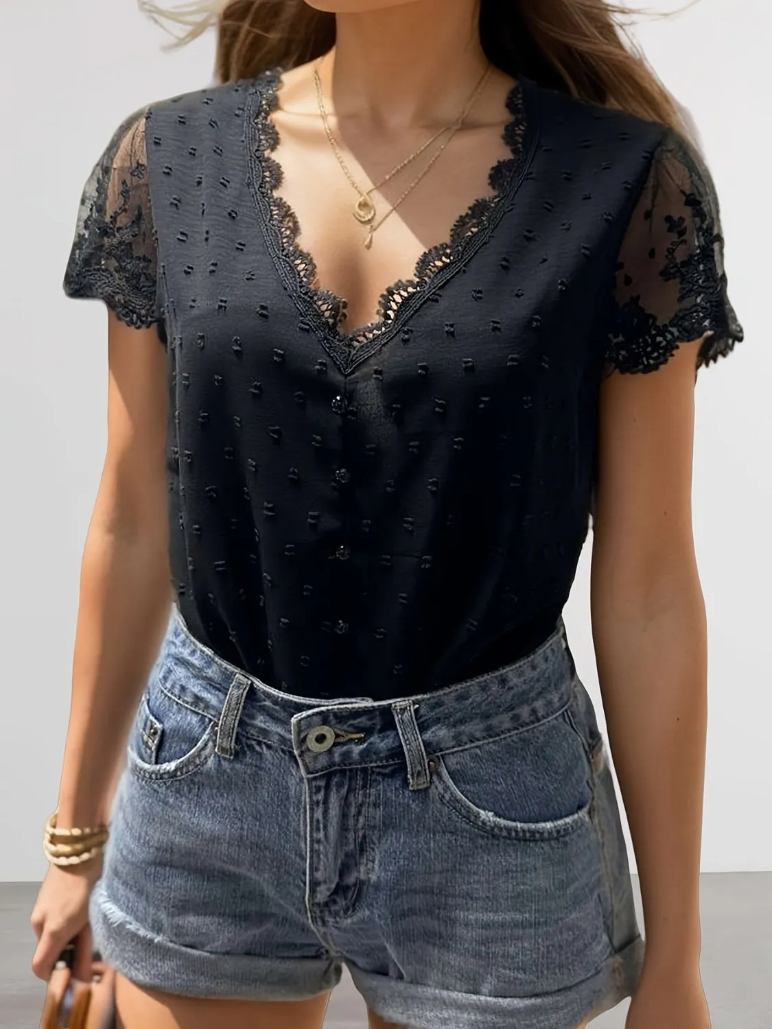 TEEK - Swiss Dot Lace V-Neck Cap Sleeve Blouse