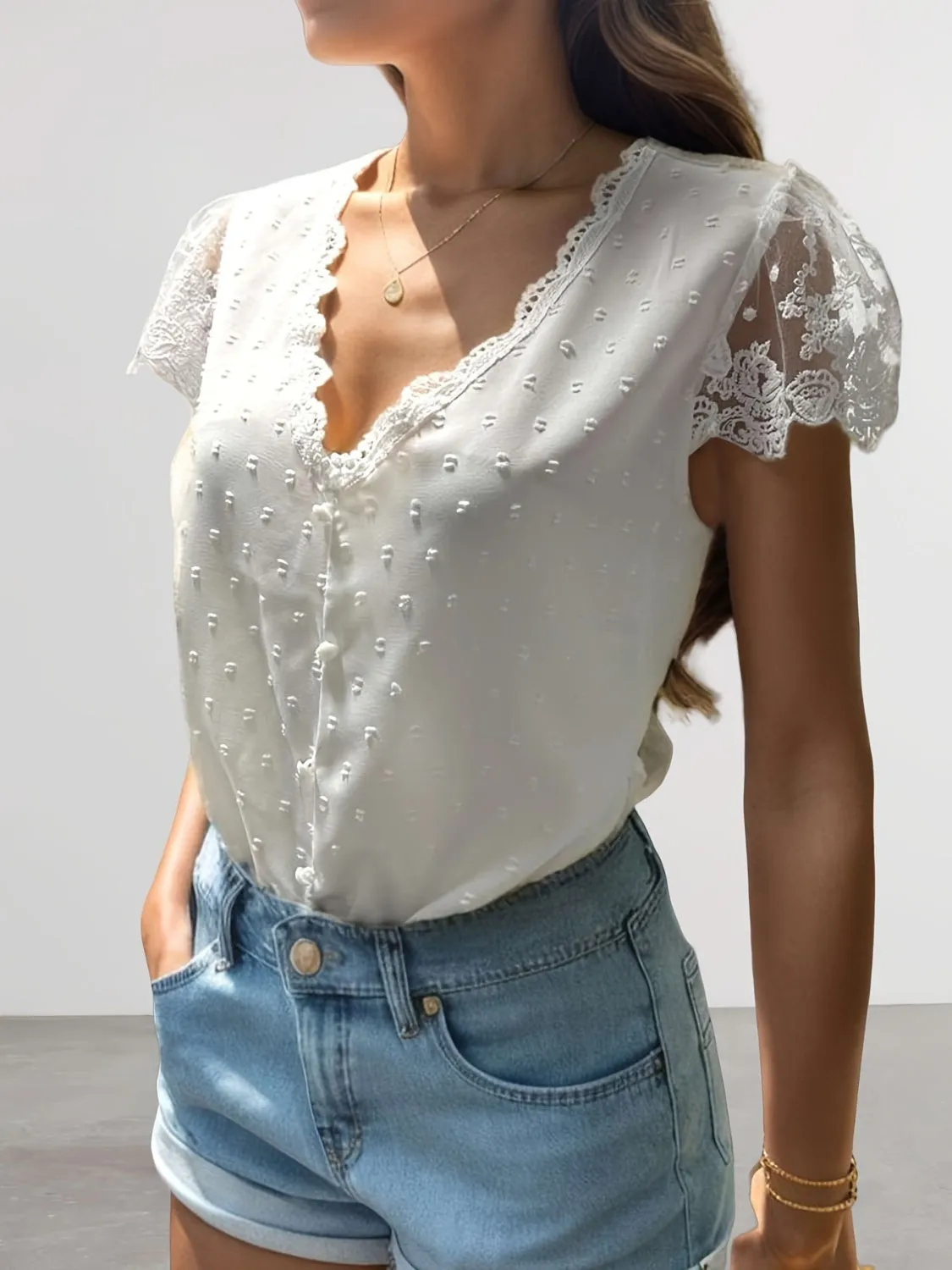 TEEK - Swiss Dot Lace V-Neck Cap Sleeve Blouse