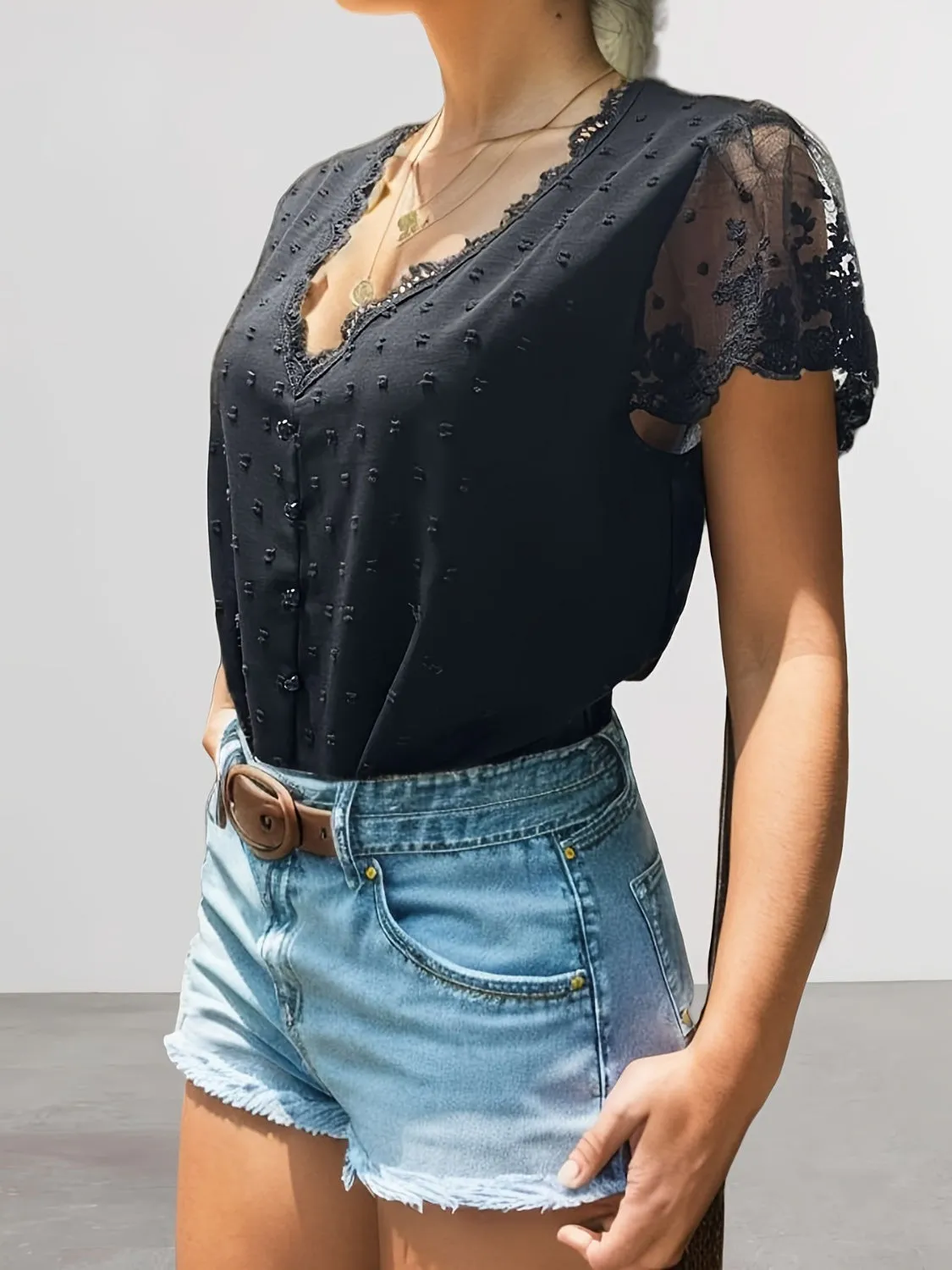 TEEK - Swiss Dot Lace V-Neck Cap Sleeve Blouse