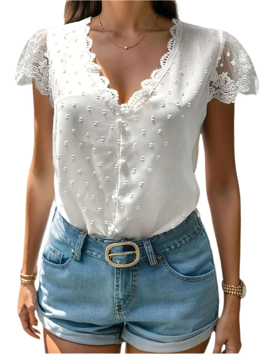 TEEK - Swiss Dot Lace V-Neck Cap Sleeve Blouse